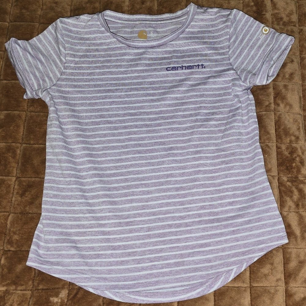 Carhartt Striped Short Sleeve T-Shirt | Girls Size 6 | Purple/White